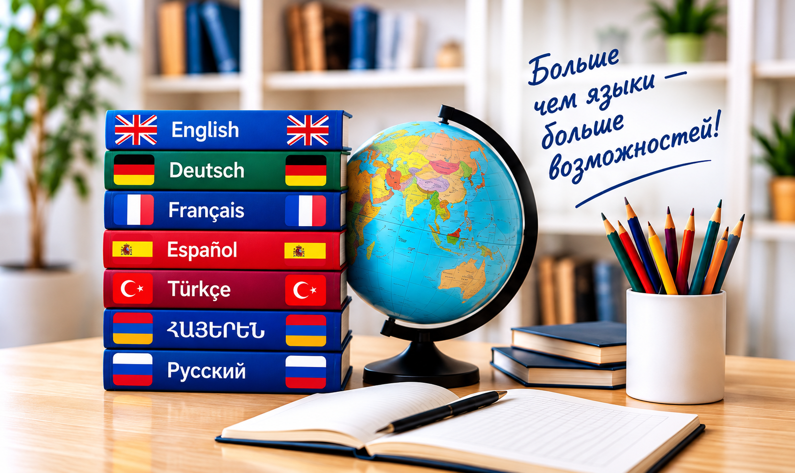 Учебные материалы, книги и глобус